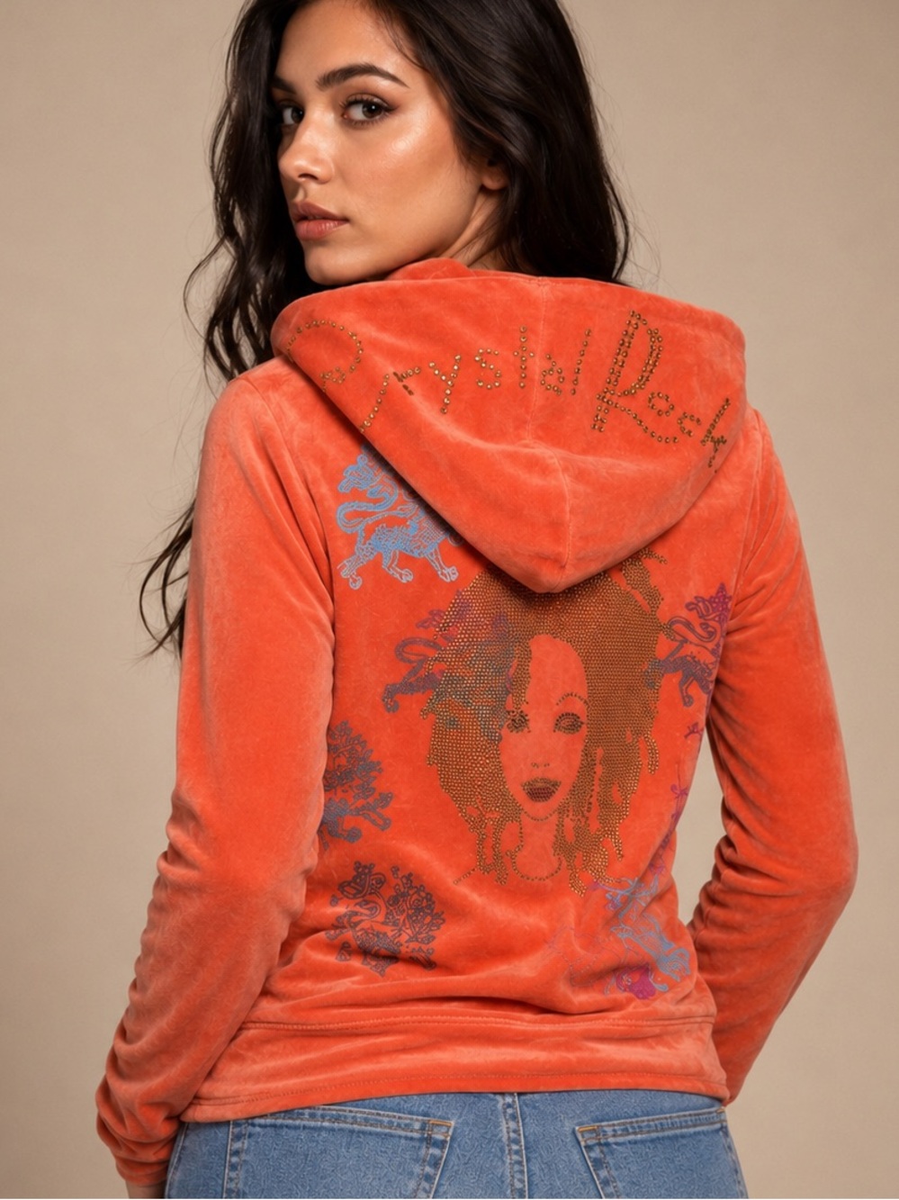 Y2K Crystal Rock by Christian Audigier Orange Velour Zip-Up Hoodie - Size M